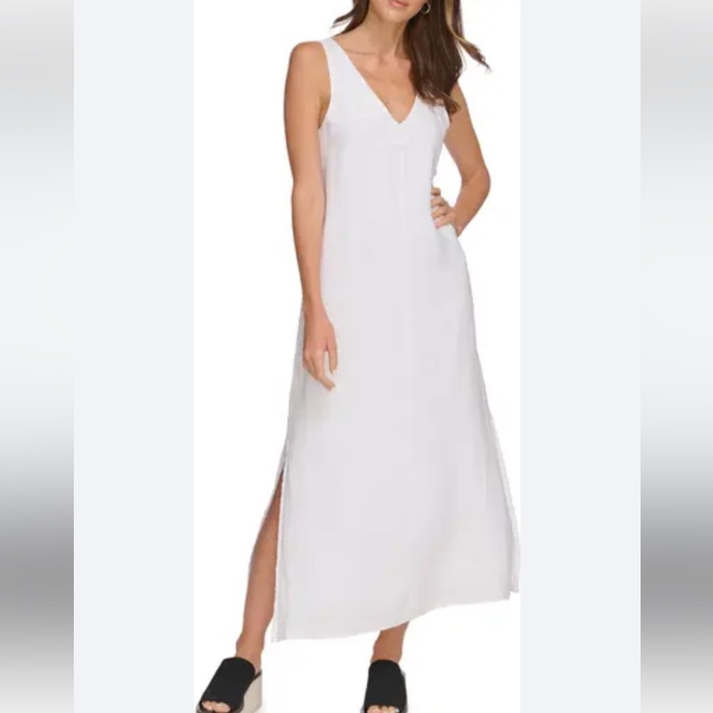 DKNY Pure women's linen maxi dress with lining & two side slits in light peach - Picture 5 of 10